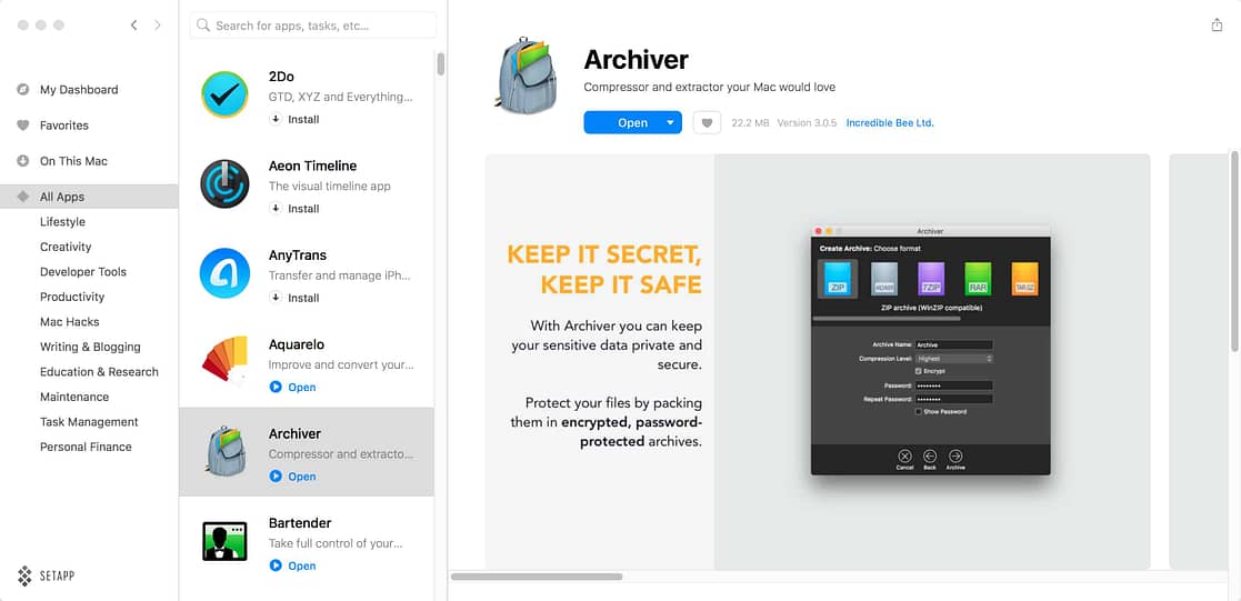 Archiver All Apps Setapp UI