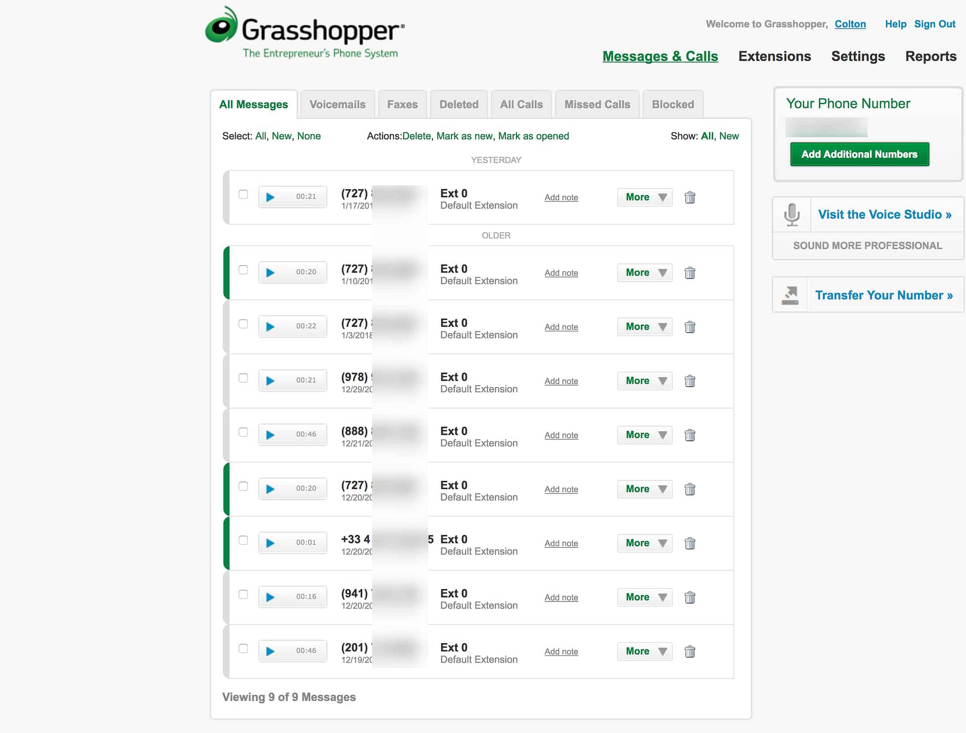 A view of the backend interface for Grasshopper's phone system (shown in the Chrome web browser).